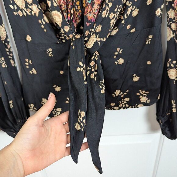 Free People | Black Multicolor Floral Long Sleeve Tie Front Blouse Size Small - Picture 4 of 10